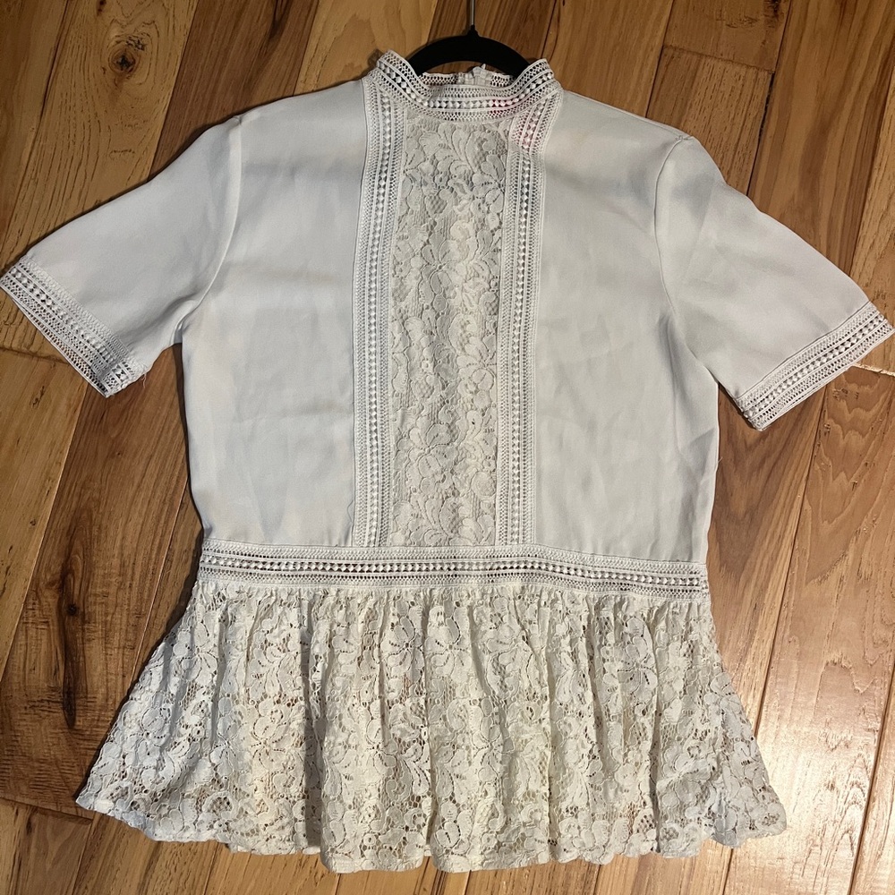 Catherine Malandrino White Peplum Embellished Blouse with Mandarin Collar